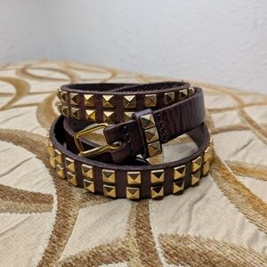 Vtg Y2K Linea Pelle Thin Double Row Gold Studded Women's Dark Brown Belt Sz 34"